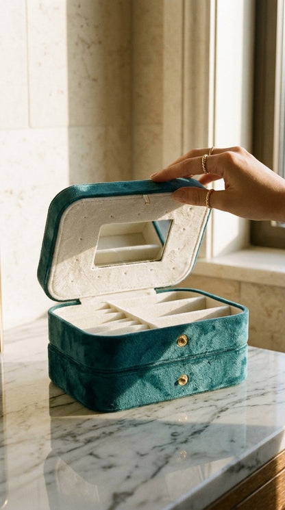 Classic Velvet Jewelry Organizer Box with Mirror