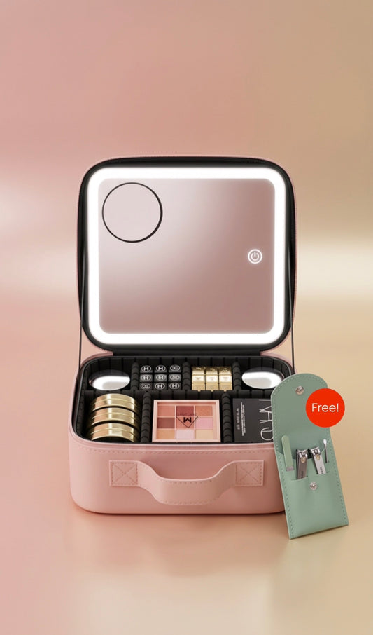 Makeup Case Organizer with LED Lighted Mirror - BLACK
