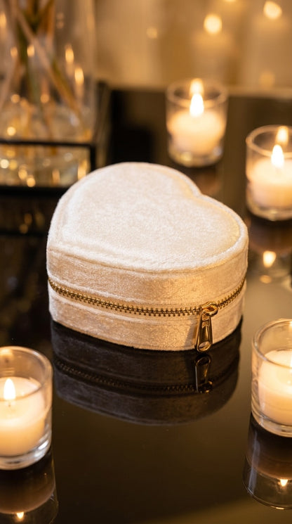White velvet heart shaped jewelry box