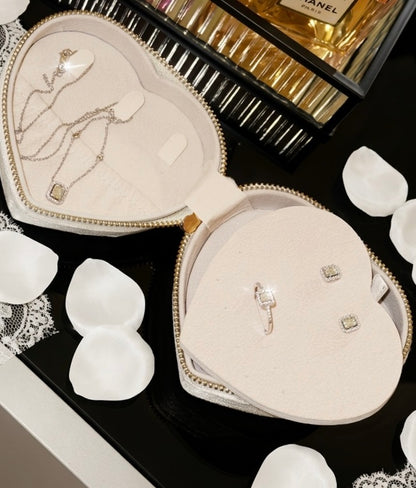 White velvet heart shaped jewelry box
