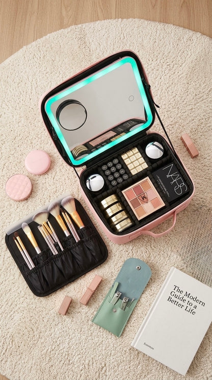 Makeup Case Organizer with LED Lighted Mirror + FREE manicure set